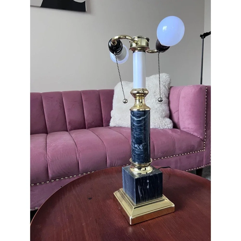 Vintage Marble and Brass Table Lamp Dual Pull Hollywood Regency Neoclassical